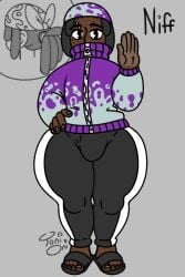 1boy 5_fingers 5_toes artist_name artist_signature bandana black_eyes black_hair bulge bulge_through_clothing collar dark-skinned_femboy dark-skinned_male dark_skin dreadlocks eyebrow_piercing eyebrows femboy femboy_focus femboy_only full_body grey_background hair_ornament jacket long_hair long_hair_male long_sleeves looking_at_viewer male male_only mole no_socks original original_character pants piercing ponytail sandals simple_background solo solo_focus solo_male text thick_thighs toes toni_oni twink watermark yoga_pants zipper
