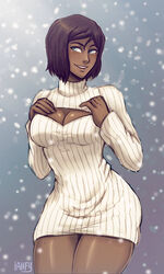 1girls avatar_legends black_hair blue_eyes cleavage cleavage_cutout clothing dark-skinned_female dark_skin female female_only hourglass_figure iahfy k-y-h-u korra medium_breasts open-chest_sweater ribbed_sweater short_hair smile solo standing sweater the_avatar the_legend_of_korra water_tribe