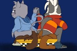 anthro ass blue_background blue_clothing blue_hoodie blue_topwear blush bottomwear bottomwear_down clothed clothing cougar crouching duo ear_piercing ear_stud feces feces_on_ground felid feline footwear fur gradient_background grey_body grey_eyes grey_fur hair hand_holding head_tuft hoodie litter_box litter_box_usage looking_at_another looking_away male male_pooping mammal mephitid narrowed_eyes odd_taxi pants pants_down partially_clothed piercing pooping_on_floor pooping_together raised_tail red_clothing scat scatplay shit-tier-skunk shoes simple_background skunk smile tail teeth topwear tuft white_hair