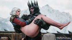 3d armored_male ass bubble_butt carrying carrying_partner cd_projekt_red ciri elf elf_male eredin_breacc_glas feet female green_eyes half-dressed half_naked light-skinned_female light-skinned_male looking_at_partner male mascara no_panties scar the_witcher_(series) the_witcher_3:_wild_hunt white_hair wild_hunt witcherres