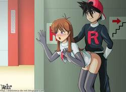 1girls blue_(pokémon) blue_eyes brown_hair corruption cosplay enemy_conversion female green_(pokemon) higher_resolution_available human human_only jessie_(pokemon)_(cosplay) leaf_(pokemon) male/female no_panties pokemon pokemon_(manga) pokemon_adventures pokemon_rgby red_(pokemon) reit skirt_lift team_rocket team_rocket_(cosplay) team_rocket_uniform