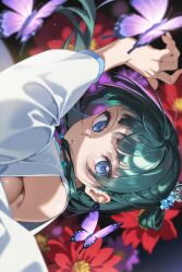 1girls ai_generated armpit armpits beautiful blue_eyes butterfly clothed clothing dance dancer dancer_outfit dancing dancing_girl female flower flower_in_hair flowers green_hair hand kusuriya_no_hitorigoto maomao_(kusuriya_no_hitorigoto) randomand self_upload sideboob sideboob_cutout white_clothing