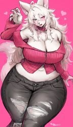 1girls black_jeans blue_eyes breasts canid canine canis claws collar denim denim_clothing denim_jeans female female_only fully_clothed fur furry furry_female furry_only heterochromia large_breasts looking_at_viewer pink_claws pink_nails purple_eyes red_top ripped_clothing ripped_jeans solo_female suurin_(ksyaro) tail thick_thighs white_fur white_hair wide_hips