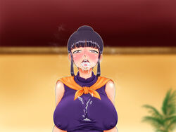 bangs black_hair blush breasts chichi chinese_clothes cum cum_in_mouth cum_on_breasts cum_on_clothes cum_on_upper_body cum_out_nose dragon_ball dragon_ball_z erect_nipples female female_only hair_bun highres huge_breasts human looking_at_viewer milf open_mouth purple_eyes rapurando scarf solo steam