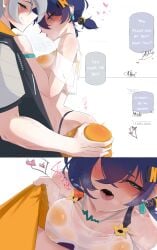 1boy 1boy1girl 1girls 2koma belle_(zenless_zone_zero) big_ass blue_hair blush brother_and_sister butt_grab doll_dol1 female grey_hair heart-shaped_pupils incest male official_alternate_costume onomatopoeia short_hair siblings steam sweat tongue_out wise_(zenless_zone_zero) zenless_zone_zero