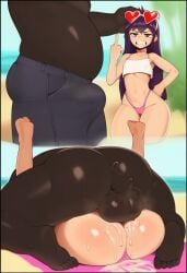 ai_generated arguing beach brat crop_top dark-skinned_male flat_chest gritted_teeth heart_sunglasses instant_loss_2koma interracial mating_press middle_finger petite purple_hair white_crop_top