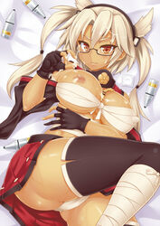 1girls ammunition bandage bed_sheet black_gloves black_legwear blonde_hair breasts budget_sarashi condom cum cum_on_body cum_on_breasts cum_on_fingers cum_on_hair cum_on_upper_body curvy dark-skinned_female dark_skin female fingerless_gloves from_above glasses gloves headgear kantai_collection large_breasts long_hair looking_at_viewer lying musashi_(kantai_collection) nipple_slip nipples on_back orange_eyes puffy_nipples red_eyes revision sarashi semi-rimless_glasses shiny shiny_skin smile solo thighhighs thighs tied_hair twintails under-rim_glasses yasojima_nejiro