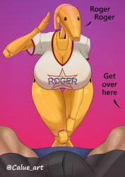2025 absurd_res artist_name b1_battle_droid battle_droid big_breasts biped bottomwear breasts bulge calue_art clothing dialogue dj_battle_droid duo english_text female fingers first_person_view hi_res human machine male male_pov mammal robot shirt shorts sitting standing star_wars talking_to_another text text_on_clothing text_on_topwear topwear white_text