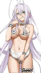 animal_print antenna_hair apron apron_lift aqua_eyes bell big_breasts bikini bow bowtie breasts cleavage closed_mouth clothes_lift commentary commission cow_print cow_print_bikini english_commentary female female_only finger_to_mouth frilled_apron frilled_thigh_strap frills fur_collar furrowed_brow green_eyes groin hair_between_eyes hair_ribbon hand_up high_school_dxd highres jingle_bell large_breasts lifting_own_clothes long_bangs long_hair mixed-language_commentary navel neck_bell pink_ribbon print_bikini print_bow print_bowtie ribbon rossweisse scrunchie shizuko_hideyoshi shy signature simple_background solo stomach swimsuit thigh_strap underboob very_long_hair wavy_mouth white_apron white_background white_hair wrist_scrunchie