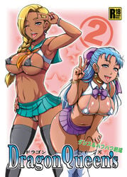 2girls areolae armpits bent_over bianca_whitaker blonde_hair blue_hair bow bra breasts cameltoe clothing dark_skin dragon_quest dragon_quest_v fingernails flora_(dragon_quest) large_breasts microskirt motsu_ryouri multiple_girls nera_briscoletti panties pink_nails skirt smile stockings thick_thighs thighs tongue_out v