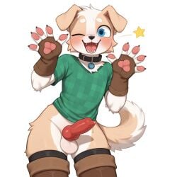 ai_generated animal_genitalia anthro balls blue_eyes blush boots canid canine canis clothed clothing domestic_dog erection femboy floppy_ears fur gloves happy knot legwear light_fur looking_at_viewer male open_mouth pawpads penis precum simple_background smile solo standing star_(symbol) tail thick_thighs thighs tongue white_background wink winking_at_viewer