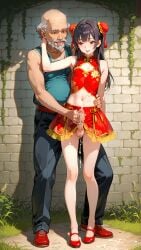 ai-generated ai_generated beard china_dress chinese_clothes clothing_cutout crossdressing cum double_bun dress facial_hair hair_bun handjob highres non-web_source old old_man outdoors penis red_skirt skirt sleeveless trap yaoi