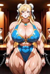 ai_generated blonde_hair chains chun-li_(cosplay) civitai cleavage female long_hair muscles muscular muscular_arms muscular_legs muscular_thighs nightclub original pole revealing_clothes solo solo_focus
