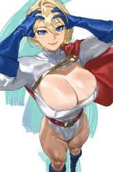 1girls big_breasts blonde_hair blue_eyes boob_window breasts busty cape cleavage curvy dc dc_comics enargeia female female_focus female_only karen_starr karen_starr light-skinned_female light_skin power_girl short_hair superheroine superman_(series) thick_thighs thighs