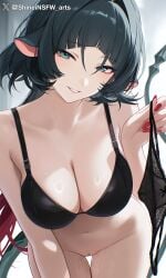 1girls ai_generated black_hair green_eyes jane_doe_(zenless_zone_zero) looking_at_viewer pussy pussy_juice shineinsfw smile solo wet wet_pussy zenless_zone_zero