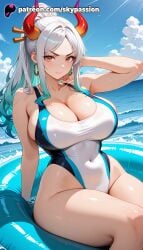 1girls 2025 afloat ai_assisted ai_generated anime artist_name bangs bare_shoulders beach big_breasts big_breasts big_breasts big_chest blue_sky blush breast breasts breasts breasts bust busty chest cleavage cloud cloudy_sky competition_swimsuit covered_navel day earrings explicit female hair_stick hi_res high_quality high_resolution highleg_swimsuit highres horizon horns jewelry large_breasts long_hair looking_at_viewer multicolored_hair ocean one-piece_swimsuit one_piece outdoors partially_submerged patreon patreon_username pool poolside shore silver_hair sky skypassion smile soaking_feet solo stable_diffusion swimsuit thighs water watermark waves wet white_swimsuit yamato_(one_piece)
