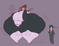 1boy 1girls askora brown_hair business_suit eating fat fat_female fat_fetish female green_hair izuku_midoriya male my_hero_academia obese obese_female ochako_uraraka ssbbw weight_gain