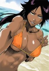 1girls abs accurate_art_style accurate_body_type ai_art ai_generated beach belly_button bikini bikini_pull bikini_top bikini_top_only black_hair bleach breast_focus breasts clavicle cleavage collarbone curvaceous curvy dark-skinned_female dark_skin day digital_media_(artwork) dutch_angle fanart fat_breasts female female_focus female_only flat_belly grin highres large_breasts lifted_by_self long_hair looking_at_viewer manga_style medium_breasts naughty_face navel ocean orange_bikini parted_bangs parted_lips pinup ponytail purple_hair reaching reaching_towards_viewer shihouin_yoruichi shiny_hair shiny_skin sky smile solo solo_female solo_focus standing strap_lift strap_pull swimsuit teasing tite_kubo_style toned toned_female underboob upper_body water yellow_eyes ㅇㅇ