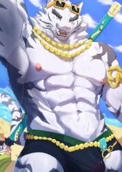 1boy abs absurdres animal_ears bara bare_pectorals beach biceps black_male_swimwear black_shorts blue_sky bulge cloud cloudy_sky dislyte erection erection_under_clothes eyewear_on_head fangs furry furry_male highres jin_qiu_(ru_shou)_(dislyte) jin_qiu_(ru_shou)_(wild_python)_(dislyte) korean_commentary looking_at_viewer male_focus male_swimwear muscular muscular_male navel nipples o3o_luri ocean open_mouth pectorals sand scar scar_across_eye scar_on_face shorts sky smile sunglasses tail tiger_boy tiger_ears tiger_stripes tiger_tail translation_request weapon weapon_on_back white_fur