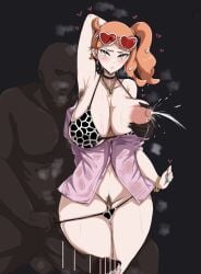 armpit_hair big_breasts big_penis bikini dark-skinned_male hampen_1005 hands_behind_head heart-shaped_pupils heart-shaped_sunglasses hourglass_figure lactating lactation lactation_without_expressing looking_at_viewer nintendo panties_down pokemon sonia_(pokemon) wet_pussy