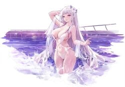 arm_up azur_lane bare_shoulders bikini black_background blush breasts cg cleavage collarbone female flower hair_flower hair_ornament large_breasts long_hair looking_at_viewer navel official_alternate_costume official_art parted_lips pink_eyes purple_eyes smile solo standing stomach swimsuit thighs very_long_hair wading water wet white_bikini white_hair yorck_(azur_lane) yorck_(late-night_companion)_(azur_lane)