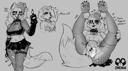 alternative_fashion anthro areola areola_slip armwear big_breasts black_bottomwear black_clothing black_eyeshadow black_gloves black_handwear black_nails black_nose black_skirt black_topwear blush bottomwear bracelet breasts canid canid_demon canine canis clothed clothing collar colored_nails demon dialogue duo ear_piercing elbow_gloves eyelashes eyeshadow facial_markings facial_piercing female fingerless_gloves fishnet_clothing fishnet_legwear fishnet_topwear five_nights_at_freddy's five_nights_at_freddy's:_security_breach front_view genitals gesture gloves goth grey_background hair hand_gesture handwear head_markings heart_symbol hellaverse hellhound helluva_boss hi_res jewelry legs_up legwear lip_piercing long_hair loona_(helluva_boss) lying makeup mammal markings middle_finger monochrome mythological_canine mythological_creature mythology nails navel nose_piercing nose_ring on_back pawpads penetration piercing ring_piercing roxanne_wolf scottgames sex_toy sex_toy_in_vagina sex_toy_insertion simple_background skirt smile spiked_bracelet spiked_collar spikes steel_wool_studios text thick_thighs topless topwear torn_clothing torn_legwear vaginal_penetration vaginal_penetration vibrator vibrator_in_vagina vulva wide_hips wolf zhenai