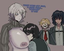2boys 2girls big_breasts black_hair blonde_hair breast_rest cigarette faust_(limbus_company) female limbus_company male multiple_boys multiple_girls project_moon ryoshu_(limbus_company) sinclair_(limbus_company) sweater tsutsunotsumi white_hair yi_sang_(limbus_company)