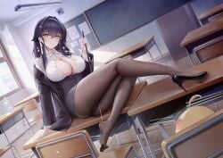 azuma_(azur_lane) azuma_(career_counseling_for_the_groom)_(azur_lane) azur_lane black_footwear black_hair black_jacket black_pantyhose black_skirt blush breasts cg chair chalkboard classroom cleavage closed_mouth collared_shirt crossed_legs desk feet female full_body hair_between_eyes hair_ornament hairclip high_heels holding indoors jacket large_breasts legs long_hair long_sleeves looking_at_viewer miniskirt official_alternate_costume on_desk open_clothes open_jacket open_shirt panties pantyhose partially_unbuttoned pencil_skirt pointer school_desk shirt shoe_dangle sitting sitting_on_desk skirt smile solo thighs toes underwear white_shirt window yellow_eyes