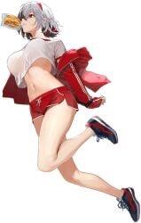 azur_lane bare_legs black_background black_footwear brünhilde_(azur_lane) brünhilde_(grain-seizing_grani)_(azur_lane) bread breasts brunhilde_(azur_lane) cg crop_top crop_top_overhang dolphin_shorts female food food_in_mouth full_body grey_hair hairband jacket large_breasts long_sleeves midriff mouth_hold navel off_shoulder official_art open_clothes open_jacket red_eyes red_hairband red_jacket red_shorts shirt shoes short_hair short_shorts shorts sneakers solo stomach sweat thighs track_jacket underboob white_hair white_shirt
