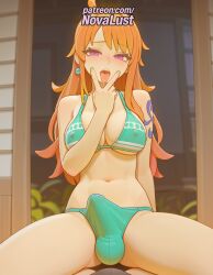 1futa 2025 2boys ai_generated artist_name bikini blurry blurry_background blush bulge cock crossdressing depth_of_field dick earrings erection futanari green_bikini hi_res high_quality high_resolution highres indoors jewelry long_hair male_focus nail_polish nami_(one_piece) navel novalust one_piece open_mouth orange_hair otoko_no_ko patreon patreon_username penis purple_eyes solo stable_diffusion swimsuit tattoo testicles watermark