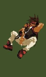 animated bara brown_hair clothed color dead_source ejaculation erection gif guilty_gear long_hair male male_masturbation male_only masturbation muscles muscular_male open_mouth pixel pixel_animation pixel_art sol_badguy tame tan_skin yaoi