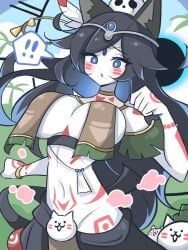 !! :o blush body_markings bottomless breast_curtains breasts convenient_censoring death's_daughter_lunacia embarrassed female konpee large_breasts netherworld_nymph_lunacia no_panties nyanko_daisensou paw_pose tattoos the_battle_cats white_skin