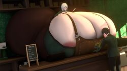 1boy 1girls ass black_hair blush breasts cafe faust_(limbus_company) female glasses hodsostol hyper hyper_ass hyper_breasts limbus_company male project_moon seven_association_(identity)_(proeject_moon) white_hair