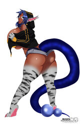 animal_ears ass beat blue_eyes blue_hair claws curvy dark-skinned_female dark_skin earrings female gloves hoodie huge_breasts mugenillustrations shorts solo tail