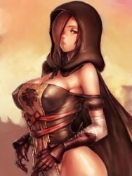 1girls breasts brown_eyes brown_hair cape cleavage dark_souls dark_souls_2 dress emerald_herald erect_nipples female female_only fromsoftware fumio_(rsqkr) gloves hair hair_over_one_eye hood large_breasts long_hair solo standing