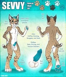 1boy 2014 anthro ass balls barbs brown_fur digitigrade ear_tuft erection etuix eyewear feline front_view fur glasses lynx male male_only mammal model_sheet nipples nude pawpads paws penis rear_view sevvy sheath short_tail slim smile solo spots teal_eyes teal_hair teal_penis tuft white_belly white_fur