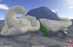 2_(artist) anthro astor erection loincloth long_neck macro male_focus male_only micro muscles penis poking_out scalie