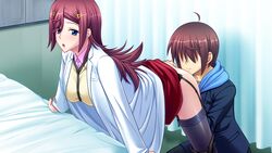 all_fours ass bed blue_eyes blush breasts brown_hair curtains female game_cg garter_straps highres kneeling labcoat large_breasts legs long_hair looking_back panties panties_around_leg saiminbo short_hair skirt skirt_lift smile sumeragi_yuusuke thighhighs thighs underwear