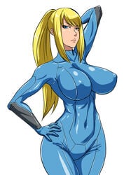 1girls arm_up armpits bangs blonde_hair blue_eyes bodysuit breasts color curvy female female_only hair hand_on_hip hips huge_breasts human large_breasts lips long_hair looking_at_viewer metroid ml nintendo perky_breasts ponytail pose puffy_areola samus_aran simple_background skin_tight solo standing tied_hair very_long_hair white_background zero_suit zero_suit_samus