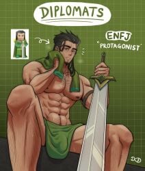 1boy abs bara biceps black_hair body_hair brown_nipples bulge chest_hair dilf doodlefish75 eight_pack enfj facial_hair goatee green_background green_eyes green_towel hairy hairy_arms hairy_chest hairy_legs hairy_male holding_object holding_sword holding_weapon human long_hair long_hair_male male male_chest male_focus male_only mature mature_male mbti muscular_legs muscular_thighs nipples pecs pectorals sitting solo solo_focus solo_male sweat sweatdrop sweating sweaty sword teeth teeth_showing thick_eyebrows toned toned_body toned_male towel towel_around_neck towel_around_waist towel_only