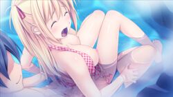 1boy areolae bikini blonde_hair blush breasts closed_eyes female game_cg hair_ribbon kagurazaka_namine koutaro long_hair male nipples open_clothes open_mouth puffy_nipples saliva sex sitting straddling straight swimsuit tropical_vacation twinkle_soft water