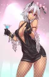 :o antennae black_gloves bracelet breasts center_opening cleavage cocktail cup dress feather_boa female formal gloves halterneck houtengeki jewelry large_breasts original pantyhose pink_eyes short_hair silver_hair solo unmoving_pattern