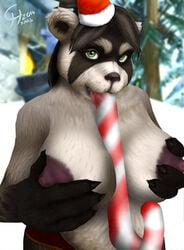 bakaras breasts candy_cane christmas chubby green_eyes large_breasts large_nipples paizuri pandaren topless warcraft world_of_warcraft