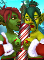 bakaras breasts candy_cane christmas double_paizuri female goblin goblin_female green_hair humanoid licking nipples orange_eyes paizuri purple_eyes red_hair topless warcraft world_of_warcraft