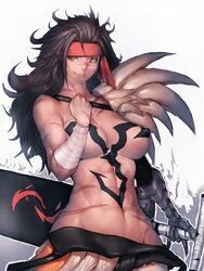 black_hair body_marks breasts brown_eyes female final_fantasy final_fantasy_x fumio_(rsqkr) headband jecht_(final_fantasy) large_breasts long_hair navel rule_63 scar smile solo standing sword tattoo weapon