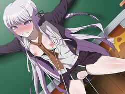 1girls blush breasts breasts_out censored clit_torture crotchless_panties danganronpa exposed_breasts female female_only grey_hair kirigiri_kyouko long_hair nipple_torture pubic_hair purple_eyes solo straight_hair sweat tagme