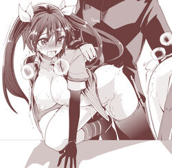 1boy 2girls arm_support blush breasts collarbone doggy_style full-face_blush hair_ribbon kantai_collection long_hair monochrome multiple_girls nipples no_bra open_clothes open_mouth open_shirt ribbon sex sex_from_behind shirt single_thighhigh solo_focus takara_akihito thighhighs tied_hair tone_(kantai_collection) twintails