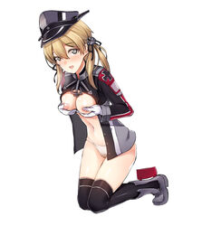 blonde_hair blue_eyes blush breast_hold female gloves hat heart heart-shaped_pupils kantai_collection kneeling kuro_(kuronell) long_hair military military_uniform nipples panties peaked_cap prinz_eugen_(kantai_collection) pussy_juice smile solo symbol-shaped_pupils thighhighs underwear uniform wet_panties zettai_ryouiki