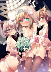 3girls animal_ears ass atahuta bare_shoulders black_legwear blonde_hair blue_eyes blush bouquet breasts brown_eyes brown_hair clothing convenient_censoring dress elbow_gloves erica_hartmann flat_chest flower from_behind gloves green_eyes heart heart-shaped_pupils highres looking_at_viewer miyafuji_yoshika multiple_girls nipples no_bra no_panties open_mouth petals sanya_v_litvyak short_hair silver_hair small_breasts smile stockings strike_witches symbol-shaped_pupils thighhighs veil