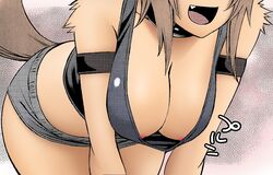 1girls animal_ears animal_tail anthro areola_slip baggy_clothes brown_hair dark_skin dog_ears dog_girl dog_tail female_only fur furry hanging_breasts leaning_forward monster_girl monster_musume_no_iru_nichijou nipple_slip open_mouth polt_(monster_musume) short_hair solo source_request tail teeth text wide_hips